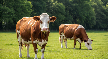 Fototapeta premium Two dairy cows grazing in a lush green meadow on a sunny day