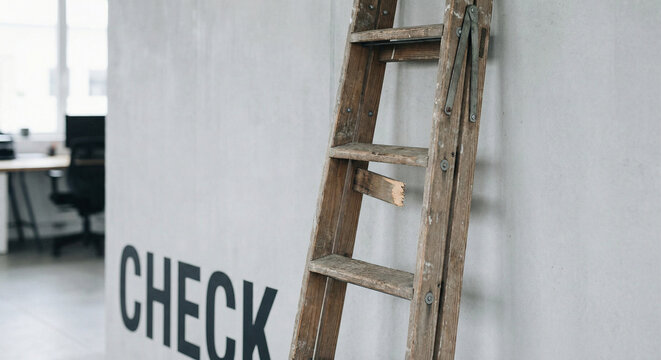 Ladder with missing step and check text workplace safety awareness concept