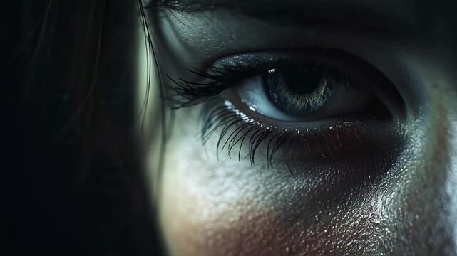 Close-up of a human eye with dramatic lighting and reflections.