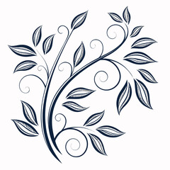 Obraz premium A minimalist vector graphic illustration of a stylized plant with leaves and swirling vines in a dark blue color on a white background