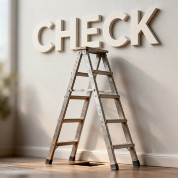 Ladder with missing step and check text workplace safety awareness concept