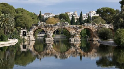 Obraz premium Cordoba Roman arch bridge over the Guadalquivir river against the blue sky, close-up of one of the old water mills along the river, little water flow, sunny day with plenty of white clouds in Spain