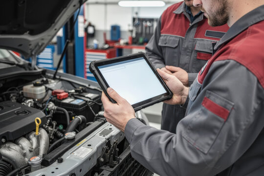 Mechanic using tablet to inspect engine under open hood in repair shop