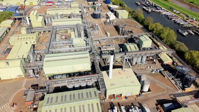 Drone shot isolating pipelines and processing tanks at a specialty chemical manufacturing plant in East Yorkshire