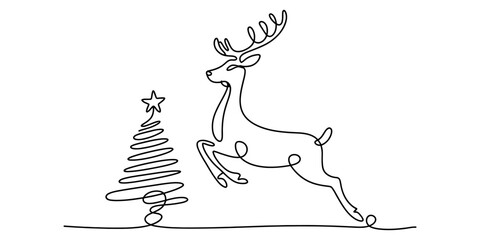 Minimalist continuous line art design featuring a leaping reindeer next to a decorated festive christmas tree icon. Vector, illustration © Creative_Outline2019