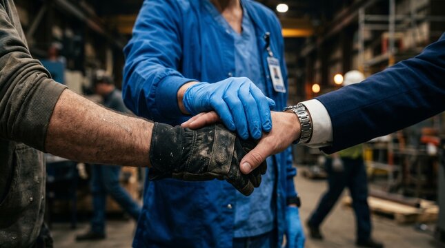 Three people in a business handshake in a factory setting, symbolizing teamwork and collaboration