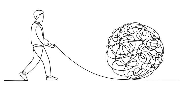 A man pulling a large tangled ball of yarn or string in a continuous line art drawing style. Vector, illustration