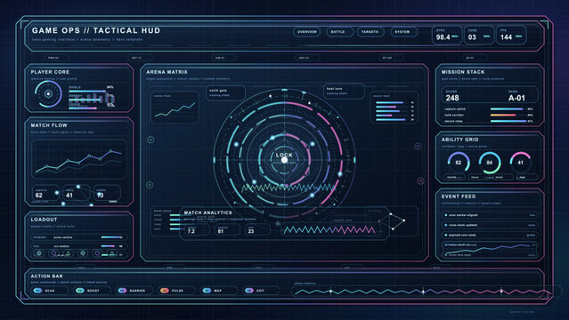 Futuristic tactical gaming HUD interface with circular target scanner, mission panels, and neon telemetry widgets on dark background design