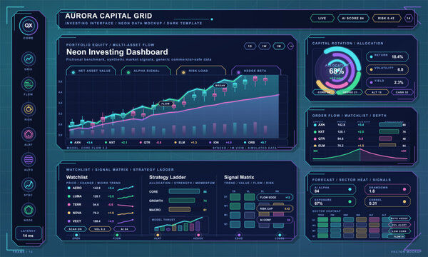 Futuristic investing dashboard interface with candlestick market chart, allocation gauges, watchlist tables and neon analytics panels.