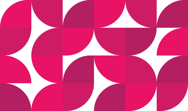 A vibrant geometric pattern featuring overlapping pink and magenta semi circles on a white background 