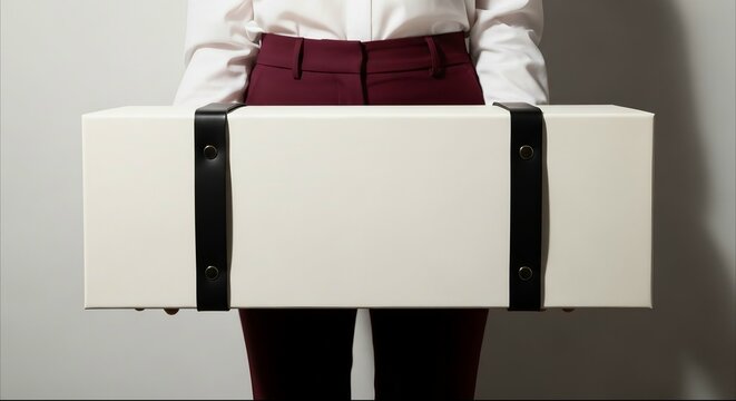 Person holding large white luxury gift box with black leather straps