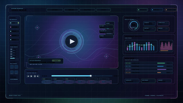 Futuristic video streaming dashboard interface with playback timeline, analytics panels, media queue and neon HUD controls on dark background.