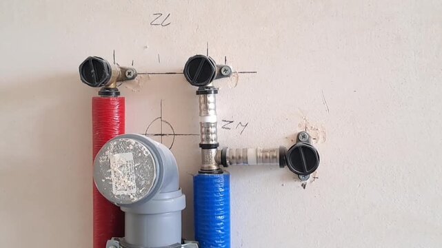 Close-up of plumbing pipes and water supply communications on a plastered wall during apartment renovation.