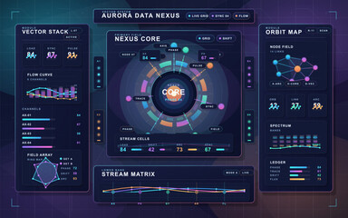 Fototapeta premium Futuristic sci-fi data dashboard interface with circular analytics hub, neon charts, network panels, and holographic control UI modules.