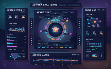 Fototapeta premium Futuristic data dashboard interface with circular HUD center, neon charts, network panels, and glowing graphs on dark gradient background