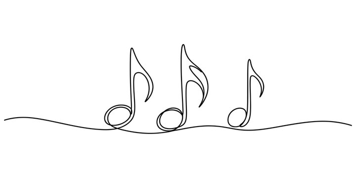 Continuous line drawing of three musical eighth notes on a wavy staff line against white background Vector, illustration