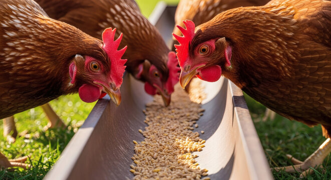 Brown chickens eating grain from a long trough outdoors