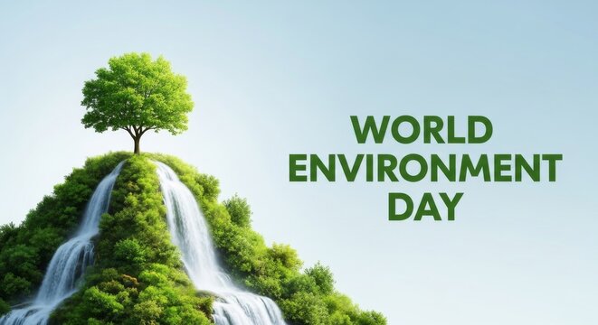 World environment day a lush green hill with a waterfall and tree