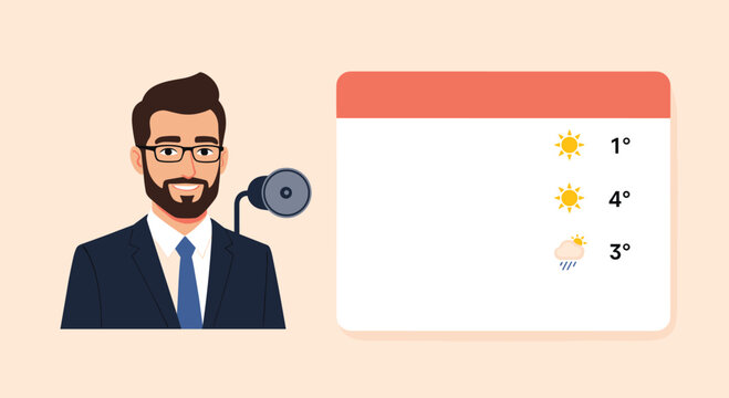 Television weather forecaster illustration presenting a weekly forecast with temperature icons on a large digital board.