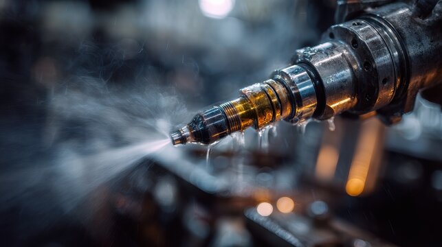 premium Industrial water jet cutter machine nozzle spraying background