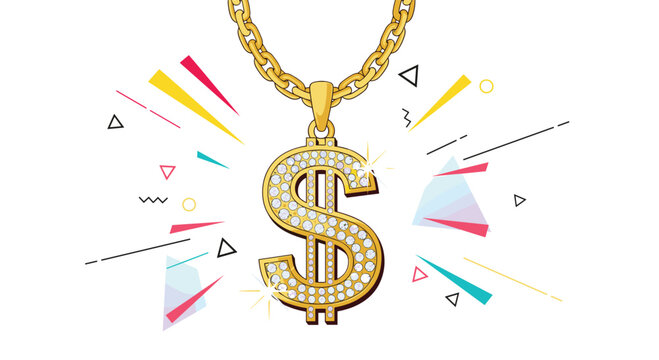 Luxury gold chain with a diamond encrusted dollar sign pendant set against a vibrant abstract background with geometric shapes.
