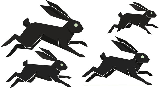 Black rabbit icons, running bunny silhouettes, vector graphics, animal symbols