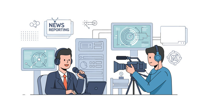 Professional news reporting scene featuring an anchorman speaking into a microphone while a cameraman records the broadcast.