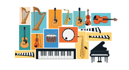 Fototapeta premium Colorful collage of musical instruments featuring harps guitars violins drums and pianos arranged in a creative grid of color blocks.