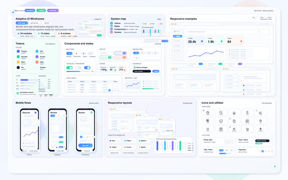 Adaptive UI wireframe kit with responsive web and mobile layouts, design tokens, component states, icon grid, and clean dashboard examples