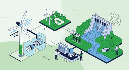 Fototapeta premium Isometric overview of a renewable energy power plant combining wind turbines solar panels and a hydroelectric dam with workers.