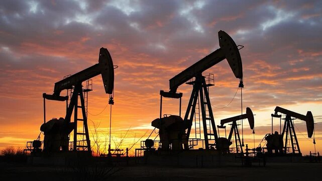 Silhouettes of oil pumps at sunset with cloudy sky background