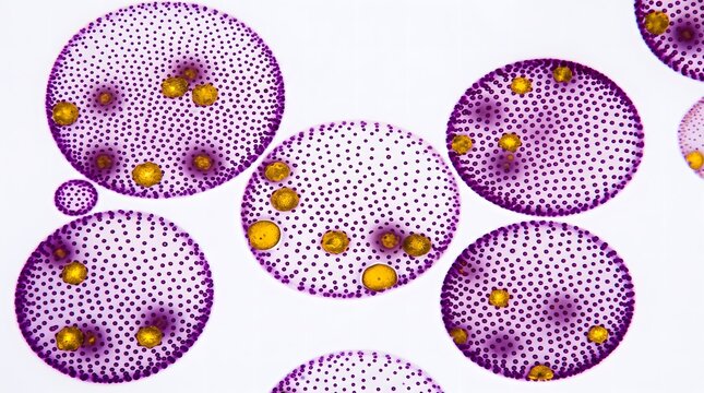 Microscopic view of purple circular plant cells or organisms