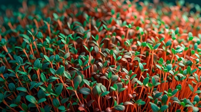 Dense field of tiny green and red microgreen seedlings