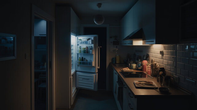 Modern kitchen at night with open refrigerator casting cool light and warm counter lamps. Atmospheric home interior concept of midnight snack, insomnia and everyday domestic life.