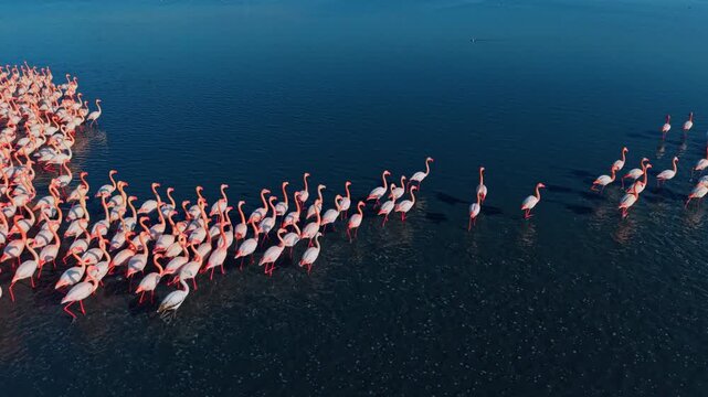 Flamingos walking in line through shallow lagoon water. High angle drone shot of pink flamingos dispersed and walking in water under bright daylight.