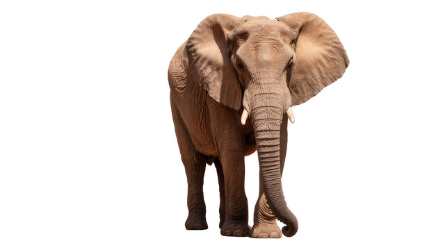 Isolated African elephant standing front view, majestic wild animal with large ears and trunk