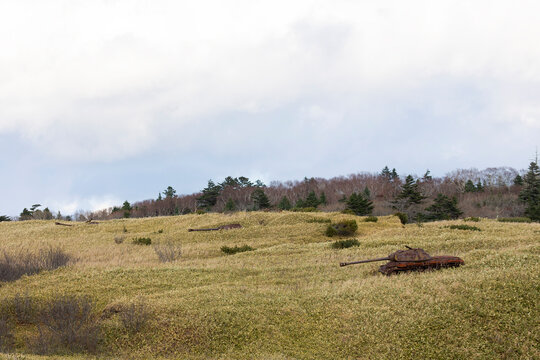 Old rusty soviet panzer IS-3. Kunashir Island. Southern Kuriles