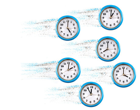 Six clocks are arranged in a dynamic layout. Each clock shows a different time, creating a visual effect of movement. The design suggests the passage of time and urgency.