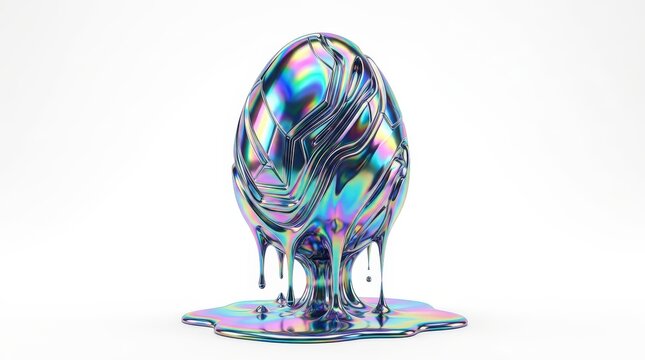Abstract iridescent egg melting into dynamic liquid puddle, showcasing holographic colors and sleek metallic texture, isolated on crisp white background for modern design.
