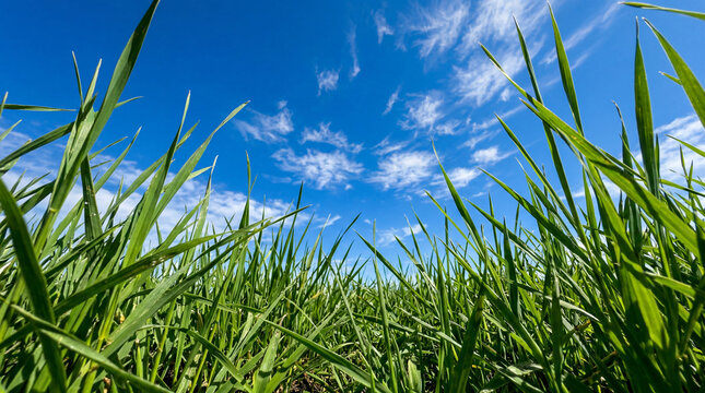 A low-angle, ground-level shot looking up through lush vibrant green grass blades towards a vast, deep blue summer sky