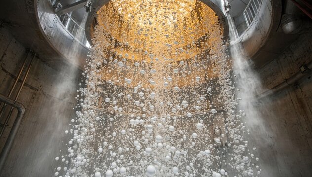 Medium angle view capturing ammonium nitrate prilling in action showcasing the cooling and solidification within the towering structure.