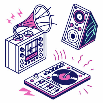A colorful illustration of a sound system with a speaker, radio, and turntable.
