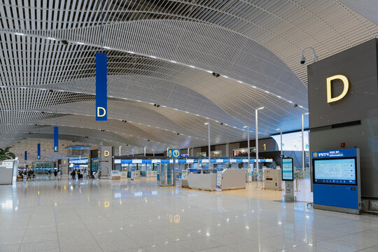 April 20, 2026, Incheon, South Korea - Modern interior of Incheon International Airport Terminal 2 with check-in counters and information kiosks