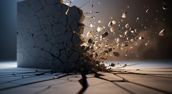 Exploding concrete block with debris in dark environment conceptual artwork