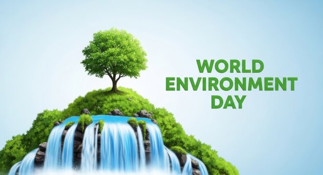 World environment day a planet shaped like a tree with waterfalls