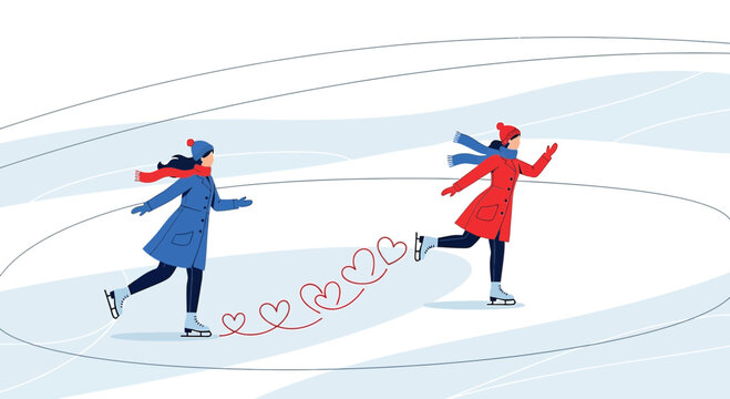 Couple Ice Skating with Heart Trail Illustration