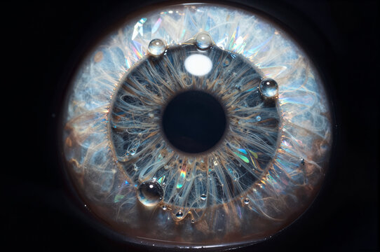 Macro human iris featuring intricate fibrous stroma textures interlaced with translucent water droplets that refract light into prismatic iridescent glints against a cool blue hue.