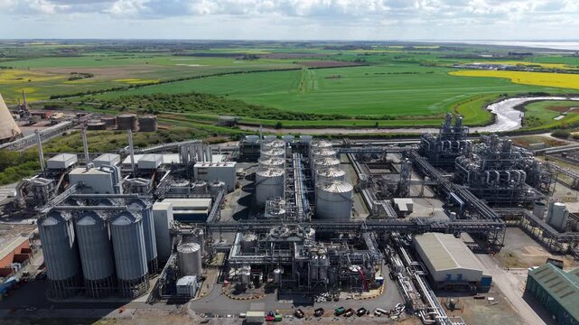 Aerial view of industrial silos and chemical production storage tanks at Saltend Chemicals Park Hull UK