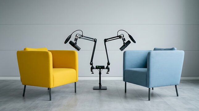 Minimalist interview setup with two modern chairs and microphones representing podcast conversation and communication concept