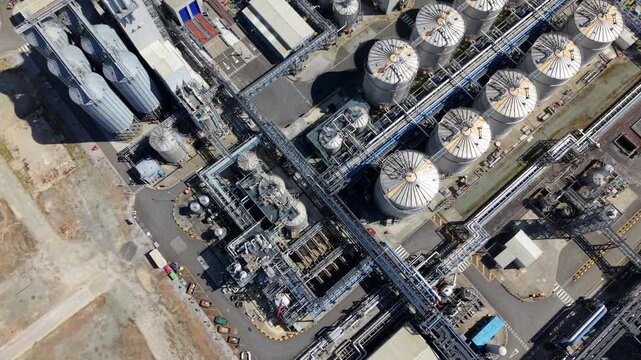 Aerial view of industrial silos and chemical production storage tanks at Saltend Chemicals Park Hull UK